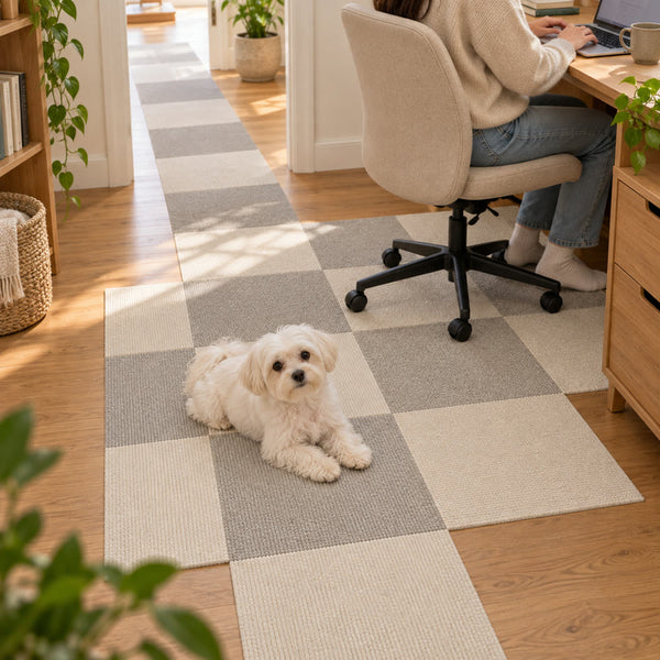 Maltese lying on PawProof tiles beside a home office chair