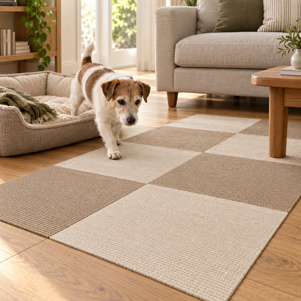 Jack russell walking from its bed across PawProof tiles