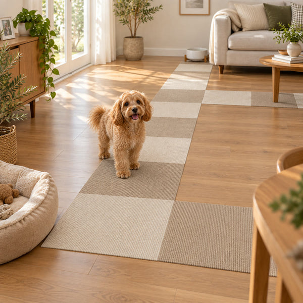 Mini goldendoodle on PawProof tiles beside a couch