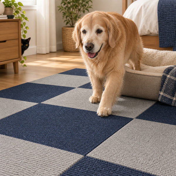 Senior golden retriever stepping off its bed onto PawProof tiles