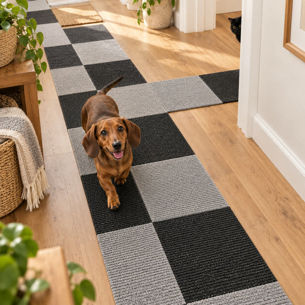 Dachshund running down a PawProof tile path in a hallway