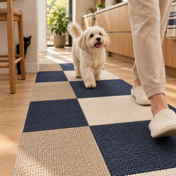 Cockapoo walking beside its owner on PawProof kitchen tiles