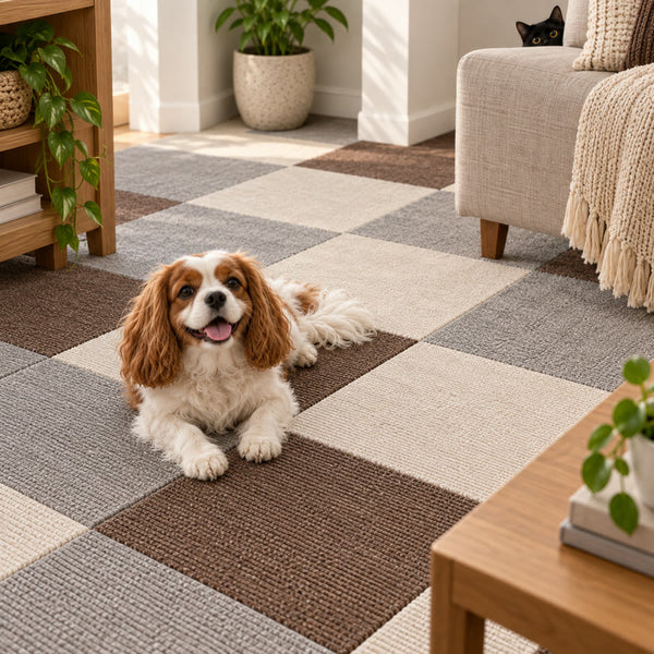 Cavalier lying on PawProof tiles in a living room