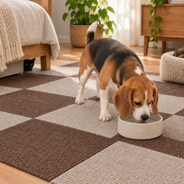 Beagle eating from its bowl on PawProof tiles