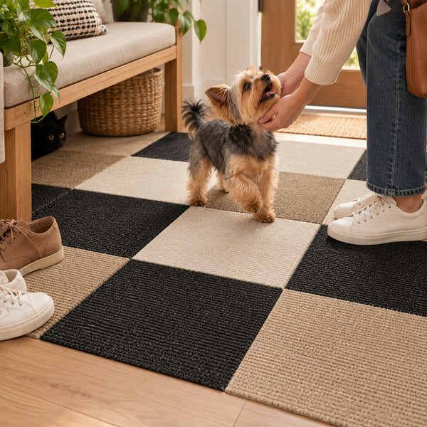 Yorkie greeting its owner at the door on PawProof tiles