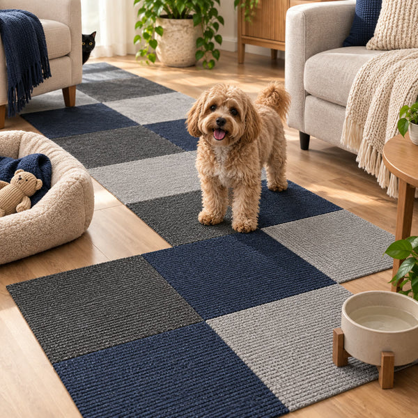 Shih tzu standing on PawProof tiles by its bed